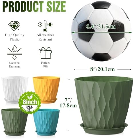 8 Inch Plant Pots 4 Pack Plastic Planters with Drainage & Saucers