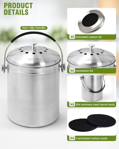 Countertop Compost Bin Kitchen Stainless Steel 1.3 Gallon