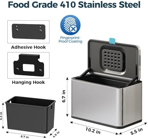 Stainless Steel Hanging Trash Can with Lid and Inner Bucket, 1 Gallon Kitchen Compost Bin for Counter Top, Under Sink or Wall Mount, Small Garbage Can for Cupboard/Bathroom/Bedroom/RV