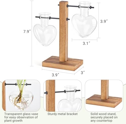 Mkono Propagation Stations,2 Heart Shaped Glass Plant Vases with Wood Stand