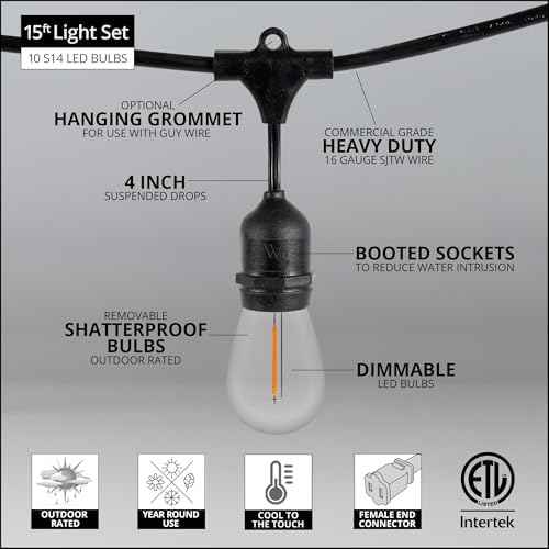 Wintergreen Lighting 15ft S14 Patio Lights Outdoor Waterproof 10 Shatterproof Bulbs on Suspended Sockets Heavy Duty String Lights for Outside, Connectable ETL Listed String Lights