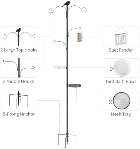 Bird Feeder Pole, 91in 4 Hook Bird Feeding Station Kit with Adjustable