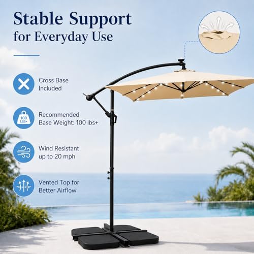 BNSPLY 8x8FT Patio Umbrella, Outdoor Offset Umbrella with Cross Base