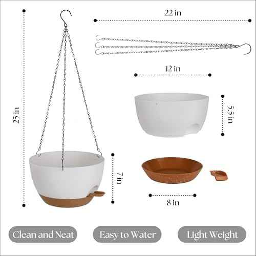 TYMENSH Hanging Plant Pots 12 Inch Set of 2, Self Watering Hanging Planters with Drainage Holes, Removable Saucer, Durable Plastic Flower Pots with Chains for Indoor Outdoor Plants, White