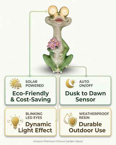 Solar Frog Garden Statue with Blinking Light-Up Eyes, Resin Outdoor Garden Decor Frog Holding Flowers, Waterproof Animal Figurine for Patio Lawn Yard Porch Balcony (Green)