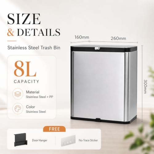 2.1 Gal Hanging Trash Can with Lid, Kitchen Compost Bin Stainless Steel Garbage Can for Kitchen Cabinet Door Under Sink Bathroom