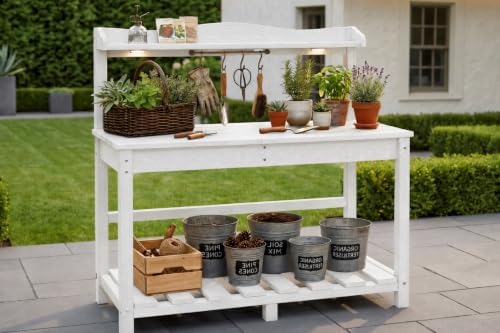 All-Weather HDPE Outdoor Potting Bench with Removable Sink, Expandable Gardening Work Station with Sliding Tabletop, Built-in Wheels, Heavy Duty Planting Table for Outside Patio, White
