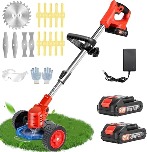 Electric Weed Wacker Cordless, 21V Lightweight Stringless Weed Wacker, Weed Trimmer, 3-in-1 Grass Trimmer/Brush Cutter/Edger, with Wheels,2pcs Batteries&4 Types Blades for Thick Weeds&Yard Garden