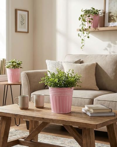 vensovo 6 Inch Pink Metal Rustic Flower Pots - 6Pcs Medium Galvanized