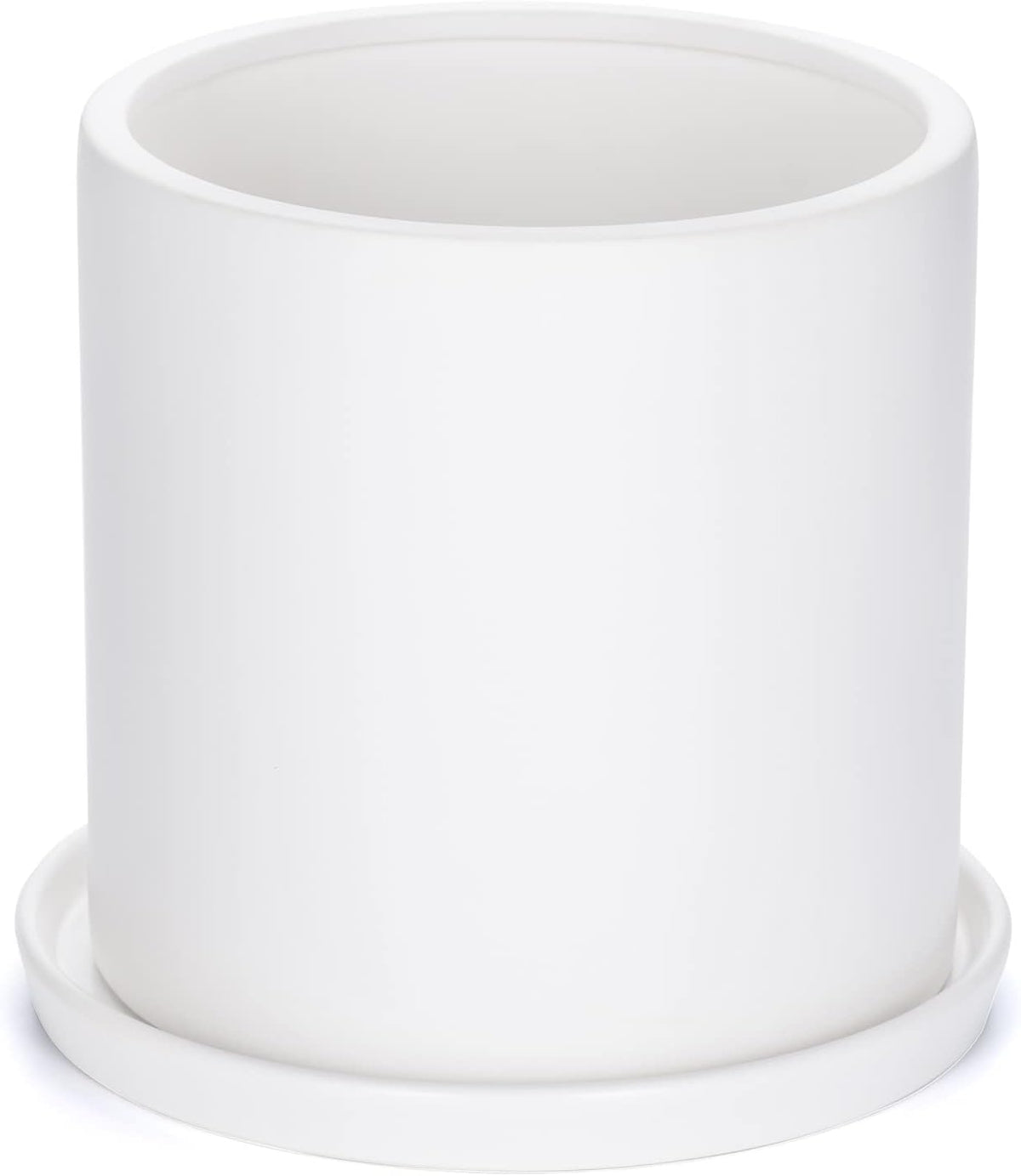 Plant Pots 10 Inch Ceramic Planter with Drainage Hole and Saucer, Matte White Modern Cylinder Planter Pot for Indoor Outdoor Plants Flowers, Full Glazed Finish
