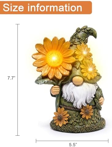 basen Solar Garden Gnome with Glowing Daisy Flower, Outdoor Solar Gnome Figurine for Yard Lawn Patio, Hand-Painted Resin Garden Statue Decor with LED Light for Landscape, Garden Gift for Mom Grandma