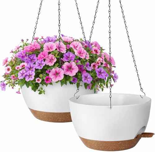 TYMENSH Hanging Plant Pots 12 Inch Set of 2, Self Watering Hanging Planters with Drainage Holes, Removable Saucer, Durable Plastic Flower Pots with Chains for Indoor Outdoor Plants, White