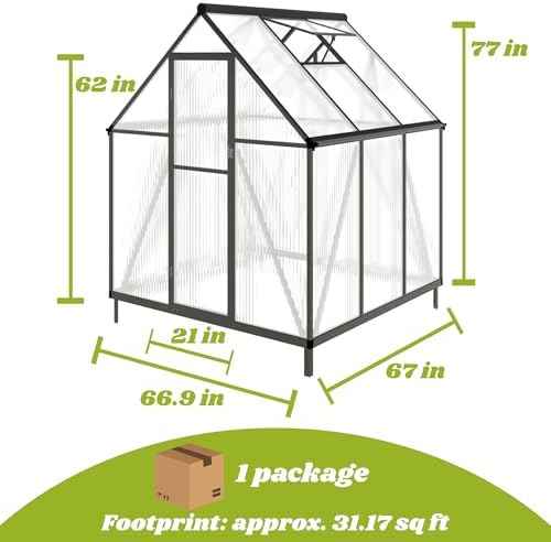 6 x 6 FT Polycarbonate Greenhouse with Roof Vent, Charcoal Black