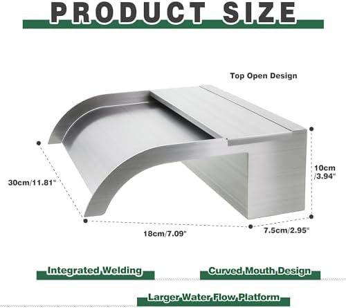 Waterfall Spillway, Stainless Steel Pool Fountain w/Top Open Lip &