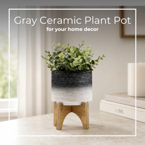 Modern Ceramic Planter with Wooden Stand – Stoneware Plant Pot Holder