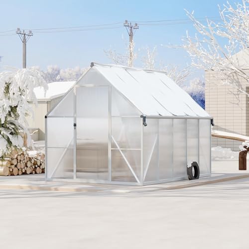 8x10 FT Greenhouse for Outdoors, Polycarbonate Greenhouse with Roof Vent, Lockable Door, Aluminum Walk-in Green Houses for Outside Garden Backyard, Sliver