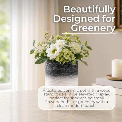 Modern Ceramic Planter with Wooden Stand – Stoneware Plant Pot Holder
