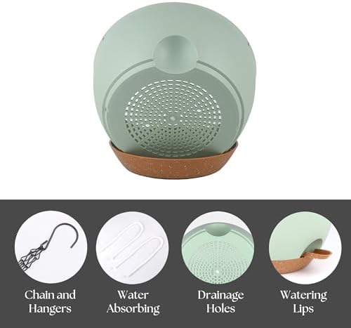 TYMENSH Hanging Plant Pots 12 Inch Set of 2, Self Watering Hanging Planters with Drainage Holes, Removable Saucer, Durable Plastic Flower Pots with Chains for Indoor Outdoor Plants, Green