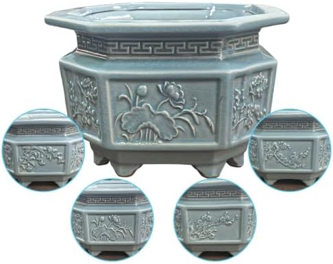 8-Inch Large Octagon Bonsai Pot Light Blue Water Glaze