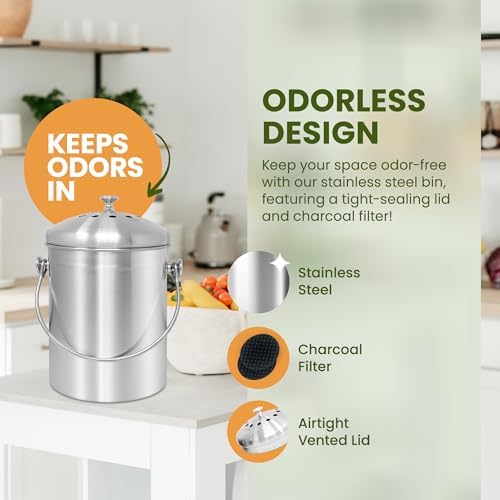 Reli. 1.3 Gallon Stainless Steel Compost Bin for Kitchen | Charcoal Filters