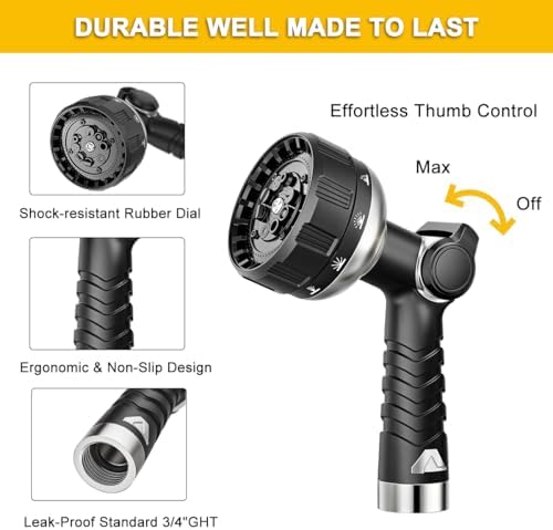 FANHAO Thumb Control Garden Hose Nozzle Heavy Duty Metal, 10 Spray Patterns