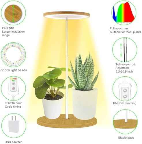 Plant Grow Light for Indoor Plant,yadoker Bamboo Mini LED Grow Light Garden,Height Adjustable,Automatic Timer with 8/12/16 Hours