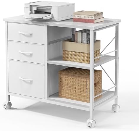 Healsmart Heavy Duty Mobile File Cabinet with 3 Fabric Drawers, Rolling Printer Stand with Back Support & Open Shelf, Multifunctional Storage Organizer for Home Office, White - Field & Nook