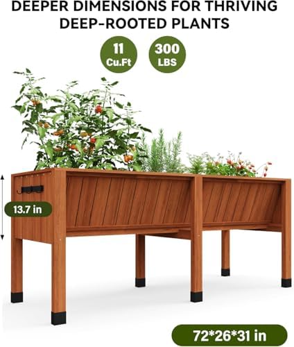 72x26x30 Inch Raised Garden Bed With Leg, Elevated Wood Planter Box Stand for Vegetables, Herbs & Flowers, 6x2x2.5 Ft Outdoor Standing Planter w/Hooks,13.7In Depth Plante for Backyard, Patio, Balcony