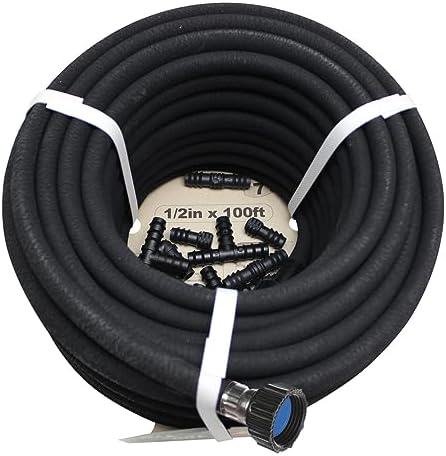 Soaker Hose 100ft - 1/2 Round Rubber Garden Soaker Hoses Kit, Heavy Duty Irrigation Drip Hose, Water Seeper Soaking Hose for Gardens, Flower Beds And Lawn Yard