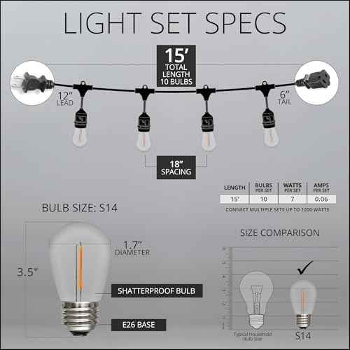 Wintergreen Lighting 15ft S14 Patio Lights Outdoor Waterproof 10 Shatterproof Bulbs on Suspended Sockets Heavy Duty String Lights for Outside, Connectable ETL Listed String Lights