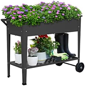 Raised Planter Box Outdoor with Legs Elevated Raised Garden Bed with Wheels Flower Boxes Outdoor Standing Planter for Vegetables Flowers Herbs Planting,Black