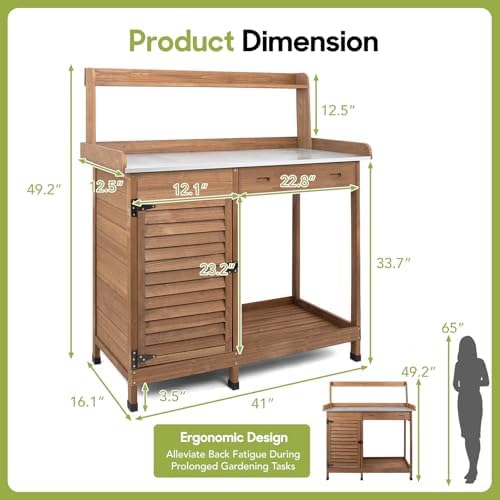 Outdoor Potting Bench Table, Wooden Weatherproof Garden Work Station with Sliding Drawer, Metal Table Top, Metal Hooks, Large Bottom Shelf, Open Shelf, Tool Hooks