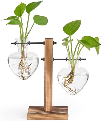 Mkono Propagation Stations,2 Heart Shaped Glass Plant Vases with Wood Stand