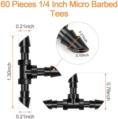 60 Pieces 1/4" Drip Irrigation Tee Fittings：1/4'' Drip Line Double Barbed Tee Connectors for 1/4 Inch Irrigation Tubing Quarter Inch 3-Way T Connector for Irrigation System