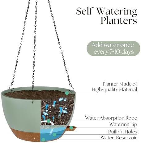 TYMENSH Hanging Plant Pots 12 Inch Set of 2, Self Watering Hanging Planters with Drainage Holes, Removable Saucer, Durable Plastic Flower Pots with Chains for Indoor Outdoor Plants, Green