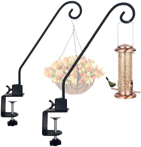 Heavy Duty Deck Hook,Courtyard Decoration,Pole 16.5”Long Metal Deck Railing Hooks for Hanging Bird Feeders,Planters,Suet Baskets,Lanterns,Wind Chimes,Clamp Mounted,Under 18 LBS(2 Pack)