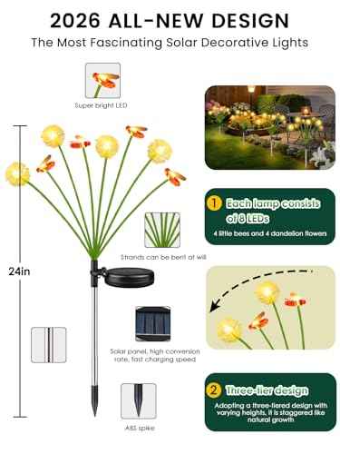 Solar Garden Lights Outdoor 6 Pack 48 LED Swaying Dandelion Bee Lights | 2 Modes (Steady on, Slow Twinkle),Cute Flower Pathway Lights for Yard Lawn Patio Party Garden Wedding Pathway Decorations