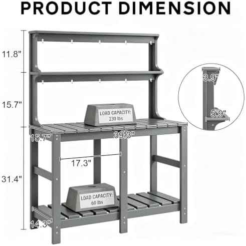 Outdoor Potting Bench with 3 Tier, All-Weather Patio Potting Table with Tool Hooks, HDPE Gardening Table for Backyard, Garden, Grey