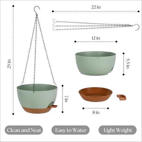 TYMENSH Hanging Plant Pots 12 Inch Set of 2, Self Watering Hanging Planters with Drainage Holes, Removable Saucer, Durable Plastic Flower Pots with Chains for Indoor Outdoor Plants, Green