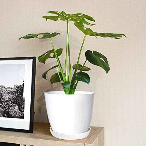SwinDuck Plant Pots, 12 Pack 6 inch Modern Plastic Planters with Drainage Holes and Saucers for Indoor Outdoor Plants and Flowers, White