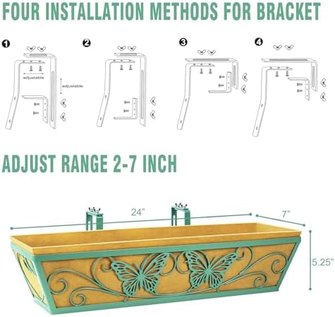 2 Pack 24 Inch Window Boxes Planter for Outdoor Plants Deck Railing Planters Box with Adjustable Brackets for Porch Fence Balcony Hanging Flower Baskets with Liner for Garden Décor - Green