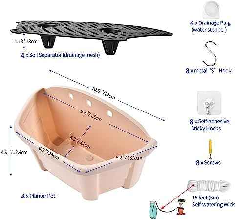 ORIMERC 9.8 inch 4 Pack Wall Hanging Planters Pots for Indoor Plants Wall Plants Holder with Drainage Hole Balcony Planters Railing Hanging Pot Fence Vertical Living Mount Outdoor with Hooks/Screws