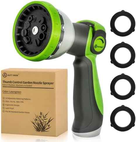 AUTOMAN Garden Hose Nozzle Sprayer - 10 Spray Patterns, Thumb Control On Off Valve, Durable Water Nozzle, Extra 4 Washers, for Watering Garden, Cleaning, Washing Car, Showering Pets Lawngreen