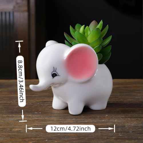 Cute Animal Elephant Shaped Ceramic Succulent Cactus Air Plant Flower Pots Planters-Plant Not Included (Pink&White)