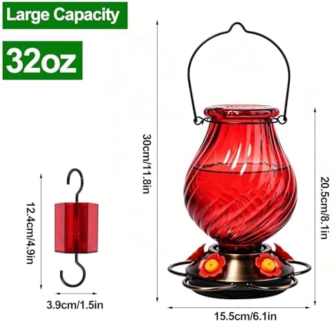 32oz Large Glass Hummingbird Feeders for Outdoors Hanging,Large Capacity Red Hummingbird Feeder with Built-in Ant Moat,Glass Humming Bird Feeder,Gifts for Mom Dad,Outside Garden Décor