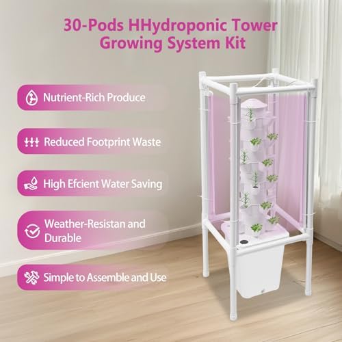 Hydroponic Tower Growing System Kits with LED Grow Lights 30 Pods Indoor Vertical Planter Germination Kit 6 Layers Hydroponic Tower for Fruits, Vegetables, Herbs, and Miniature Greens (White)
