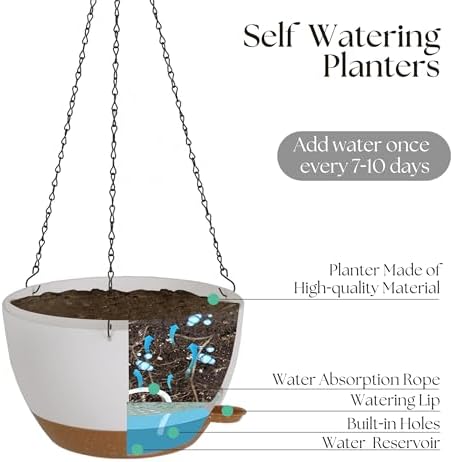 TYMENSH Hanging Plant Pots 12 Inch Set of 2, Self Watering Hanging Planters with Drainage Holes, Removable Saucer, Durable Plastic Flower Pots with Chains for Indoor Outdoor Plants, White