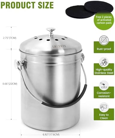 Countertop Compost Bin Kitchen Stainless Steel 1.3 Gallon
