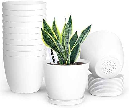 SwinDuck Plant Pots, 12 Pack 6 inch Modern Plastic Planters with Drainage Holes and Saucers for Indoor Outdoor Plants and Flowers, White