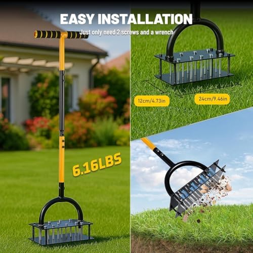 Lawn Aerator Tool with 16 Steel Spikes, Grass Aerator Lawn Tools with Spring-Loaded Design & Adjustable T-Handle, Pre-Assembled Hand Aerator Lawn Tool for Lawn, Courtyard and Garden